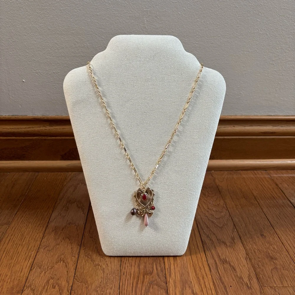Long Gold Tone Chain Link Charm Necklace with Heart Pendant